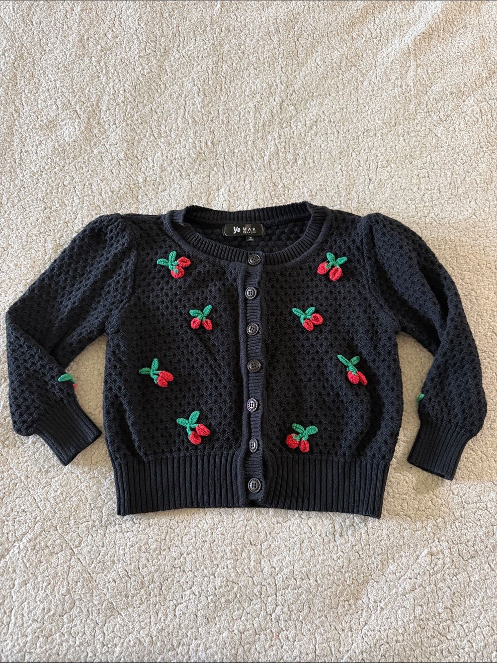 Ye Mak Cotton Crochet Black Cherry-Appliqué Button-Front Cardigan Small